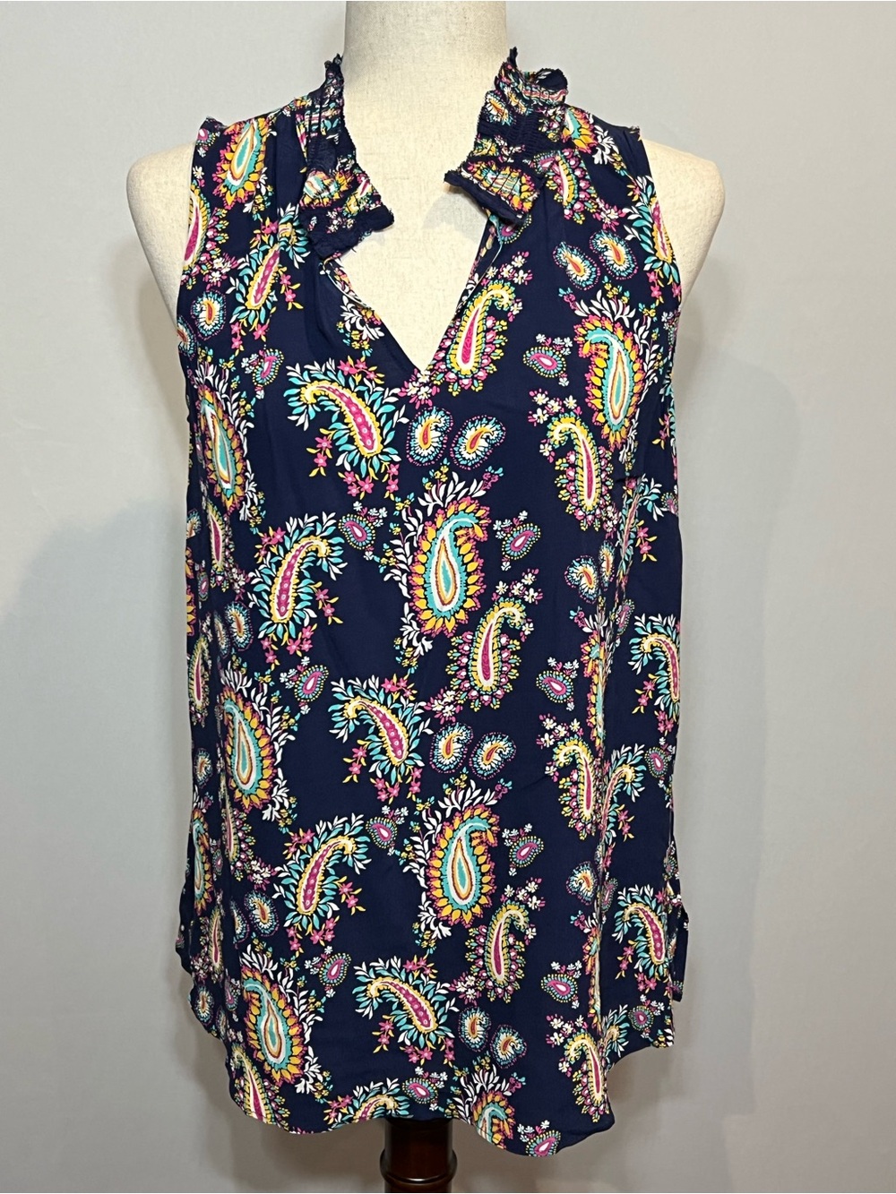 Talbots Navy Paisley Ruffled Mock Neck Camisole (NEW)